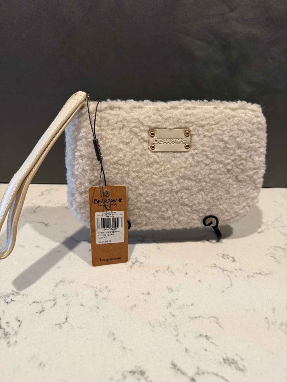 BearPaw Cream Sherpa Wristlet Clutch with Gold Plaque